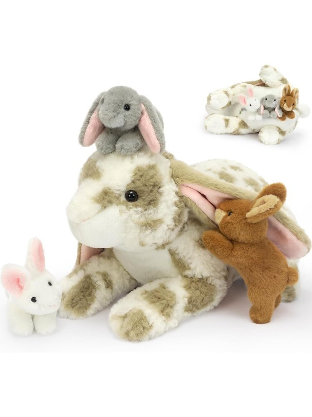 Large Gray Spotted Lop Eared Bunny Plush Set - 4pcs Cute Stuffed Animal Toy for